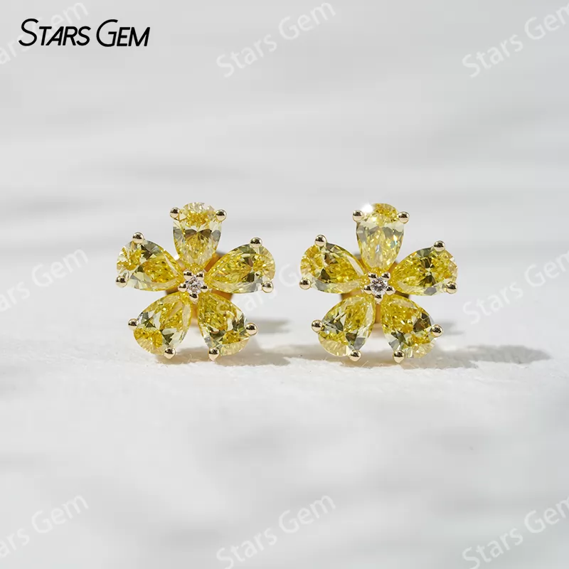 3×4.5mm Pear Cut Yellow Color Lab Grown Diamond Petals Shape Design 18K Yellow Gold Diamond Stud Earrings