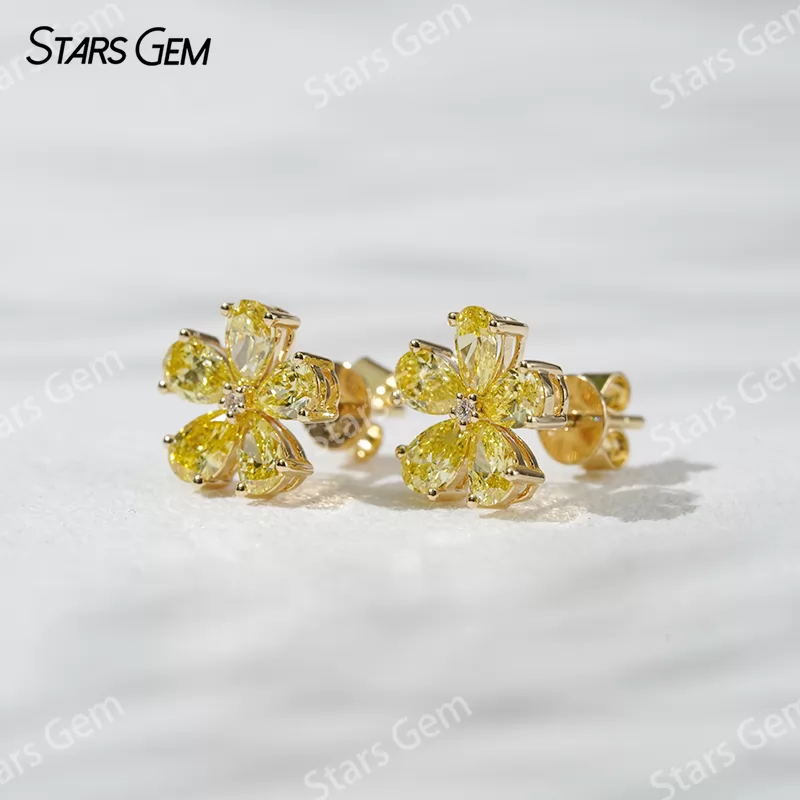 3×4.5mm Pear Cut Yellow Color Lab Grown Diamond Petals Shape Design 18K Yellow Gold Diamond Stud Earrings
