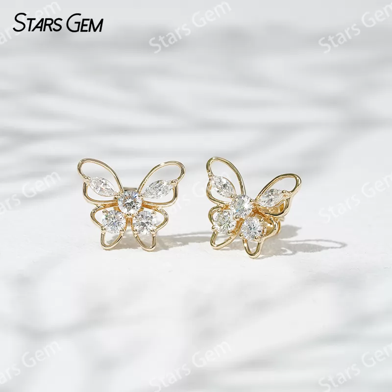 3.2mm Round Brilliant Cut & 2.3×4.5mm Marquise Cut Lab Grown Diamond Butterfly Shape 18K Gold Diamond Stud Earrings