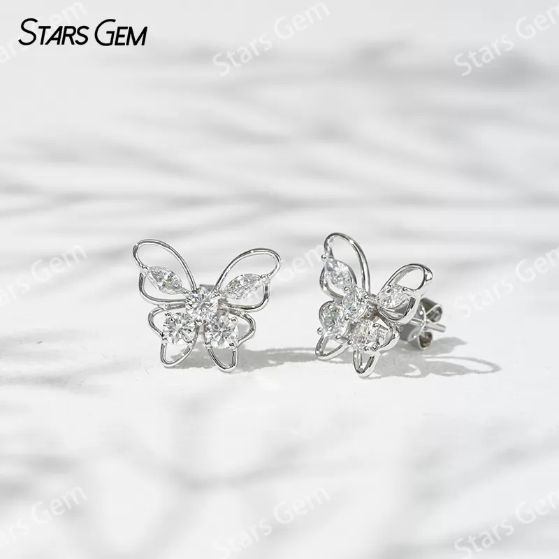 3.2mm Round Brilliant Cut & 2.3×4.5mm Marquise Cut Lab Grown Diamond Butterfly Shape 18K Gold Diamond Stud Earrings
