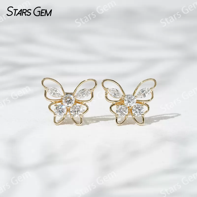 3.2mm Round Brilliant Cut & 2.3×4.5mm Marquise Cut Lab Grown Diamond Butterfly Shape 18K Gold Diamond Stud Earrings