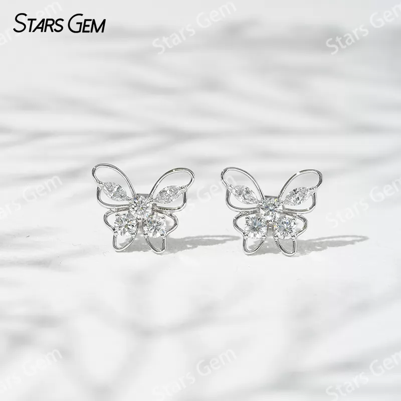 3.2mm Round Brilliant Cut & 2.3×4.5mm Marquise Cut Lab Grown Diamond Butterfly Shape 18K Gold Diamond Stud Earrings