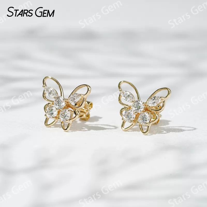 3.2mm Round Brilliant Cut & 2.3×4.5mm Marquise Cut Lab Grown Diamond Butterfly Shape 18K Gold Diamond Stud Earrings