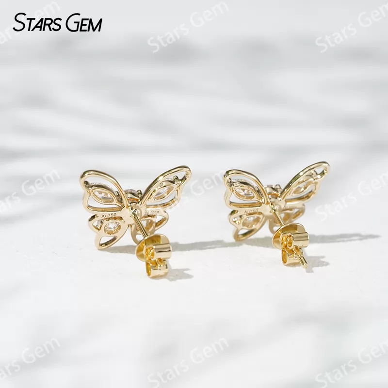 3.2mm Round Brilliant Cut & 2.3×4.5mm Marquise Cut Lab Grown Diamond Butterfly Shape 18K Gold Diamond Stud Earrings