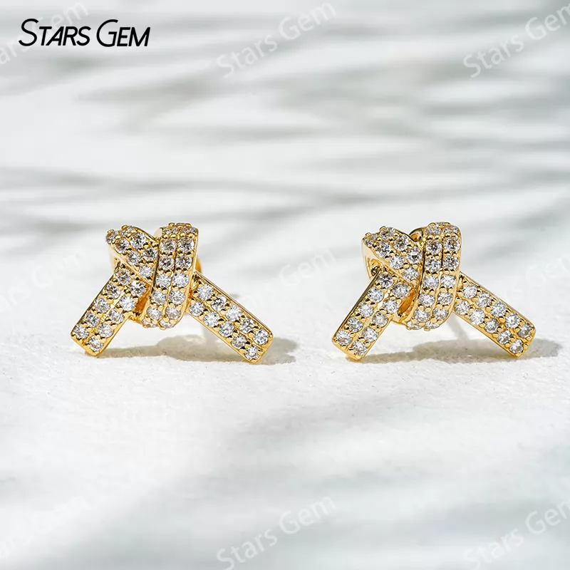 0.9mm Round Brilliant Cut Lab Grown Diamond Ribbon Knot Design 18K Gold Diamond Stud Earrings