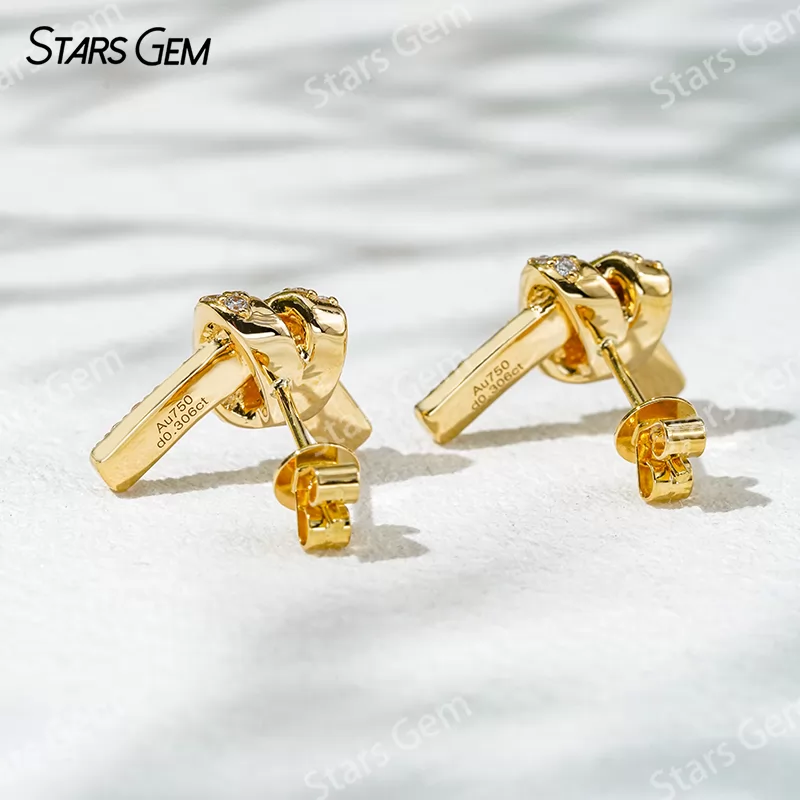 0.9mm Round Brilliant Cut Lab Grown Diamond Ribbon Knot Design 18K Gold Diamond Stud Earrings