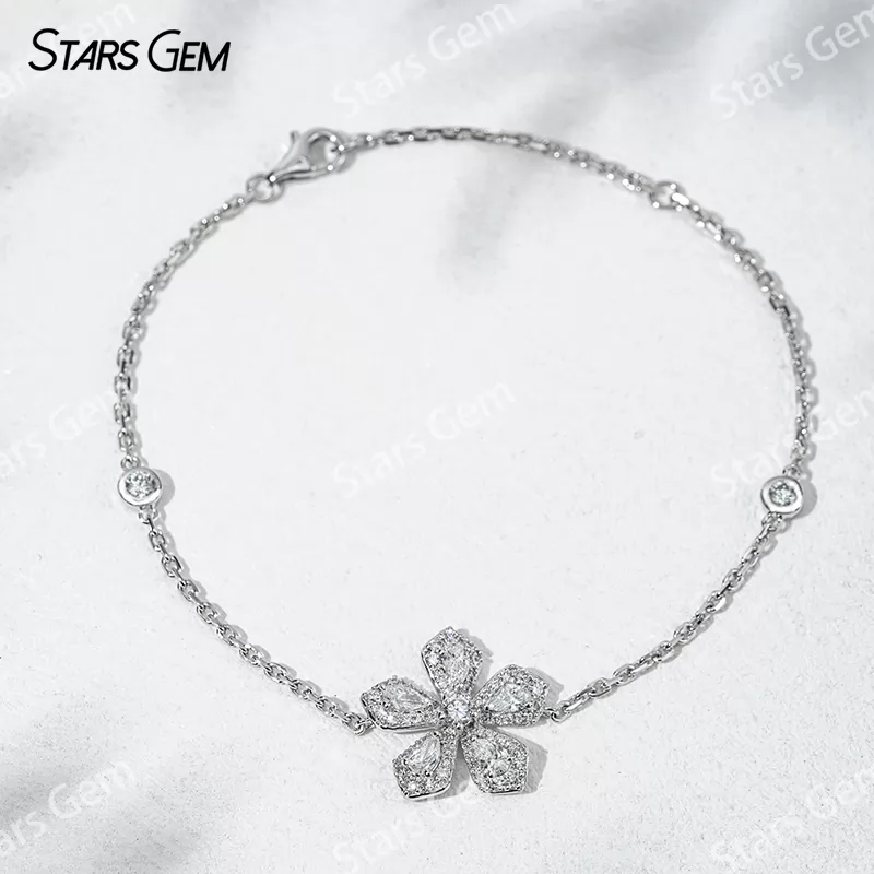 18K White Gold Bracelets Bangles Flower Set 4x2.5mm Pear Cut Lab Grown Diamond Bracelet
