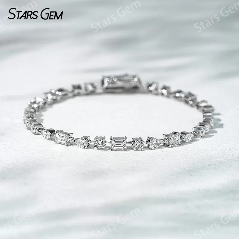 18K Solid White Gold Tennis Chain Fancy Shape Lab Diamond Bracelet