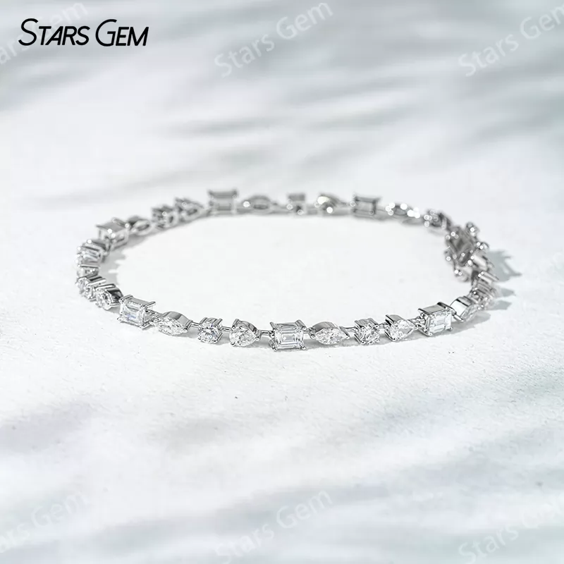 18K Solid White Gold Tennis Chain Fancy Shape Lab Diamond Bracelet