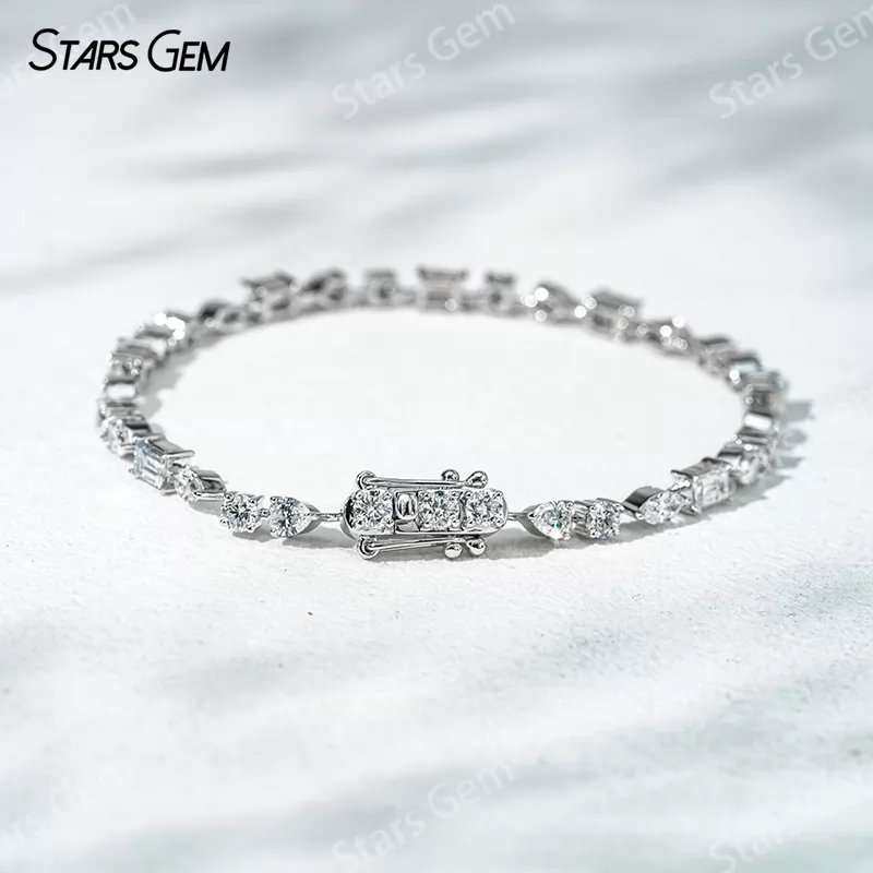 18K Solid White Gold Tennis Chain Fancy Shape Lab Diamond Bracelet