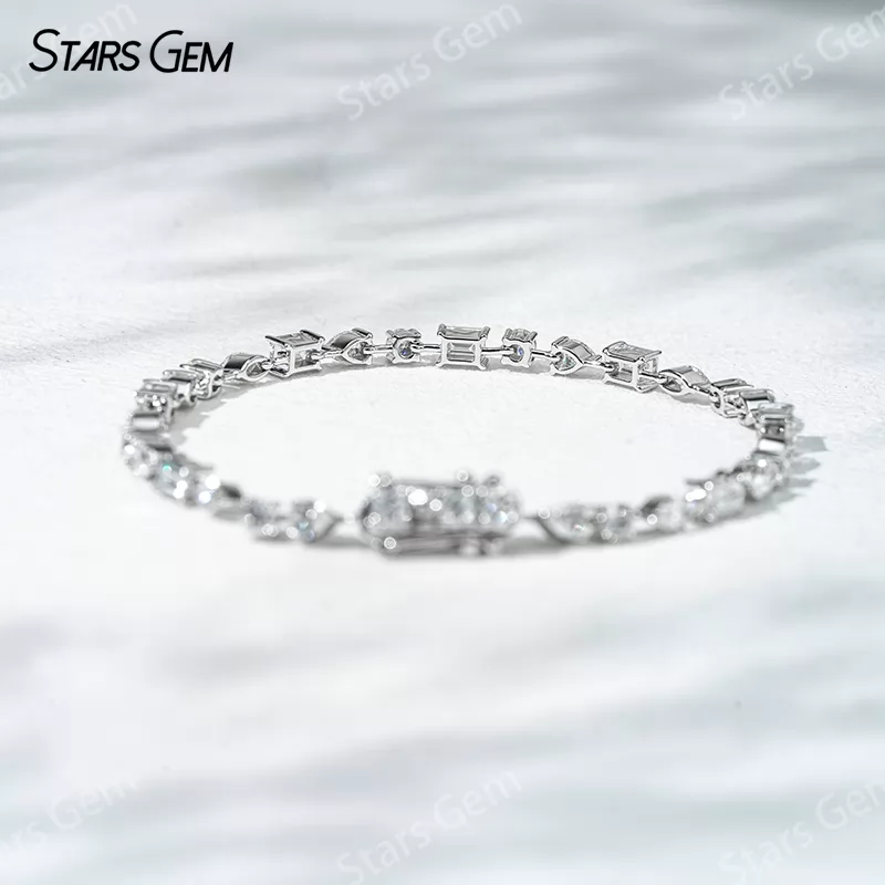 18K Solid White Gold Tennis Chain Fancy Shape Lab Diamond Bracelet