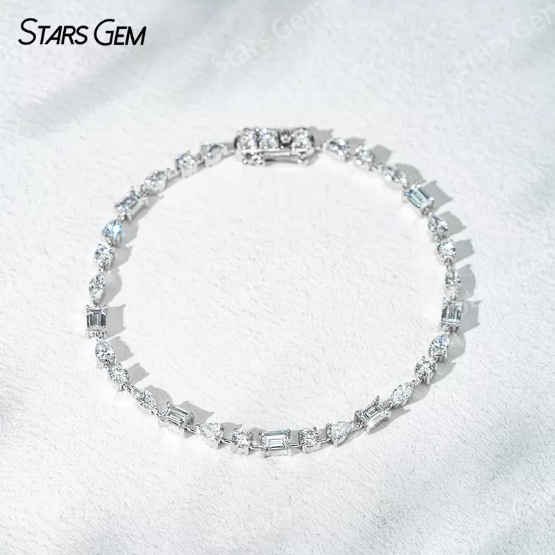 18K Solid White Gold Tennis Chain Fancy Shape Lab Diamond Bracelet