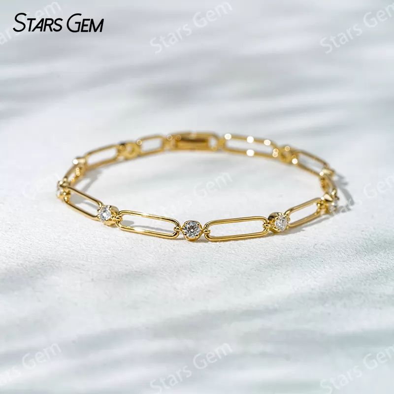 18K Solid Yellow Rose White Gold Paperclip Bracelet DEF VVS Lab Diamond Bracelets Bangles