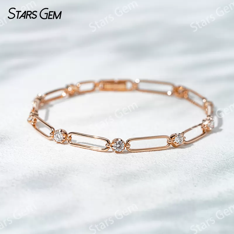 18K Solid Yellow Rose White Gold Paperclip Bracelet DEF VVS Lab Diamond Bracelets Bangles