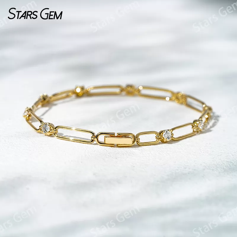18K Solid Yellow Rose White Gold Paperclip Bracelet DEF VVS Lab Diamond Bracelets Bangles