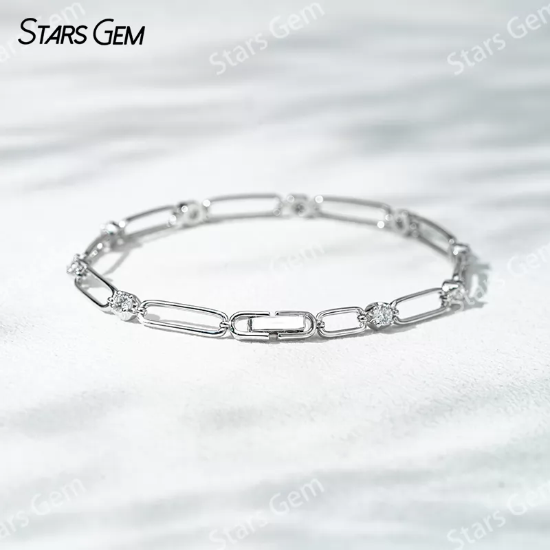 18K Solid Yellow Rose White Gold Paperclip Bracelet DEF VVS Lab Diamond Bracelets Bangles