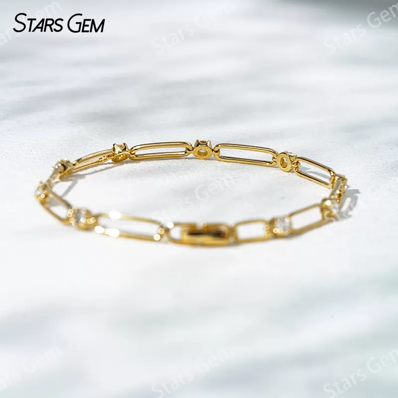 18K Solid Yellow Rose White Gold Paperclip Bracelet DEF VVS Lab Diamond Bracelets Bangles