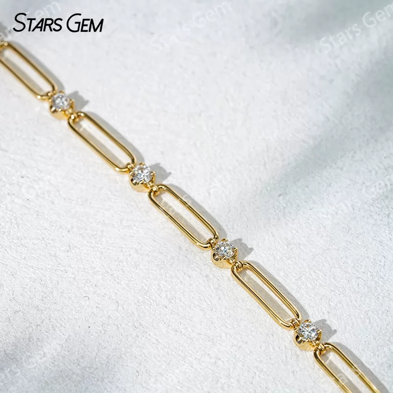 18K Solid Yellow Rose White Gold Paperclip Bracelet DEF VVS Lab Diamond Bracelets Bangles