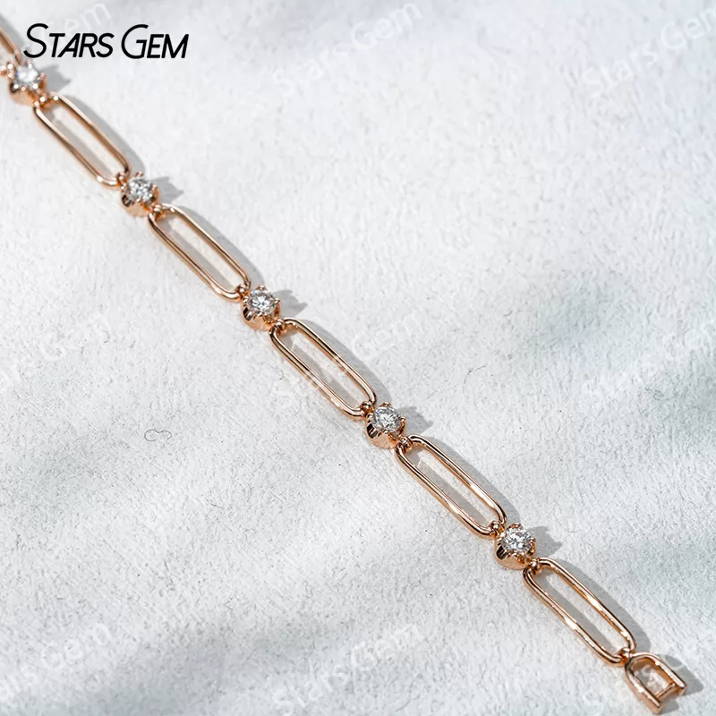 18K Solid Yellow Rose White Gold Paperclip Bracelet DEF VVS Lab Diamond Bracelets Bangles