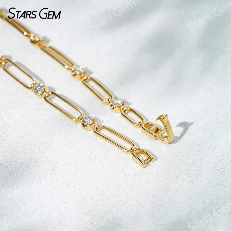 18K Solid Yellow Rose White Gold Paperclip Bracelet DEF VVS Lab Diamond Bracelets Bangles