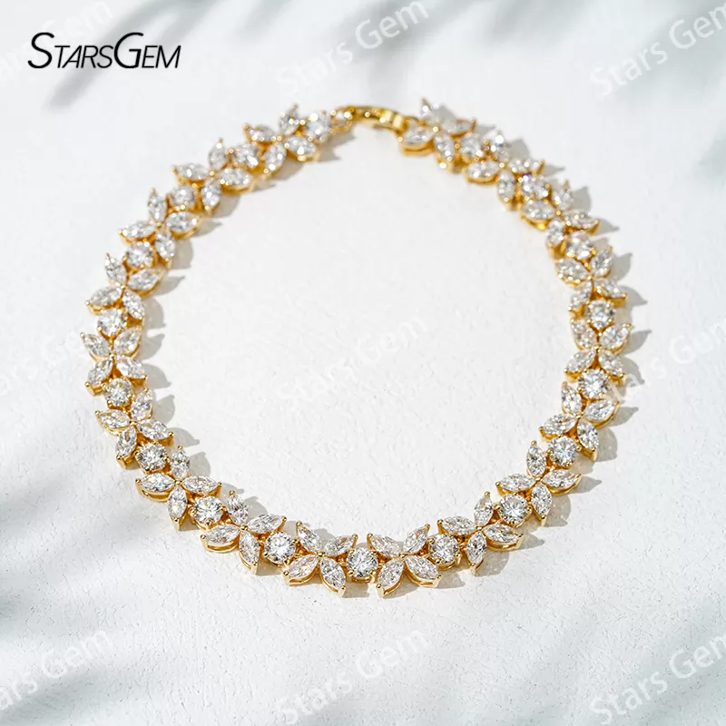 18K Solid Gold with 2*4mm Marquise Cut and 3.2mm Round Cut Lab Diamond Bracelet