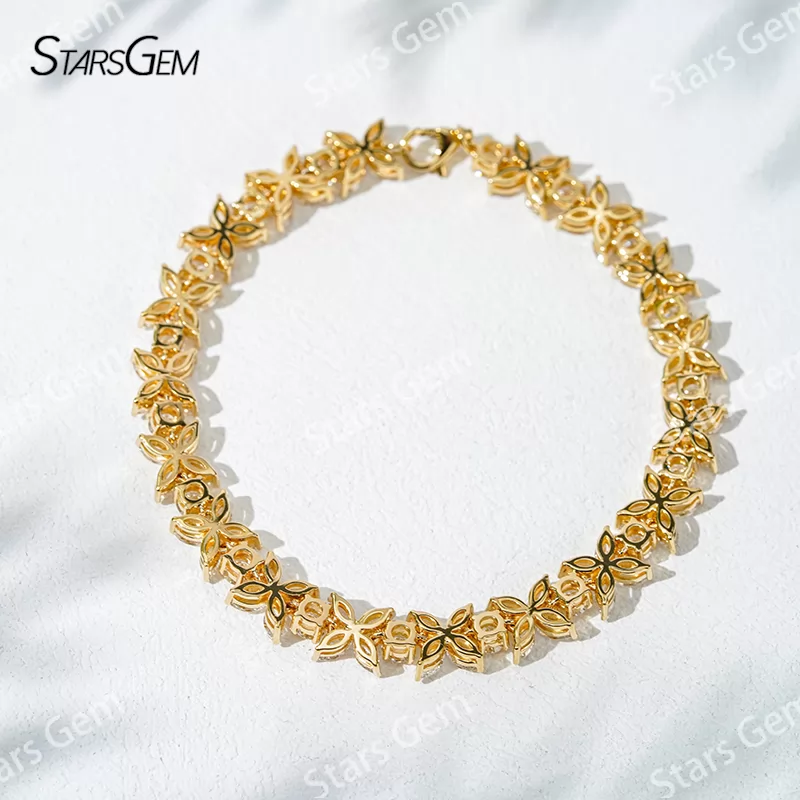 18K Solid Gold with 2*4mm Marquise Cut and 3.2mm Round Cut Lab Diamond Bracelet
