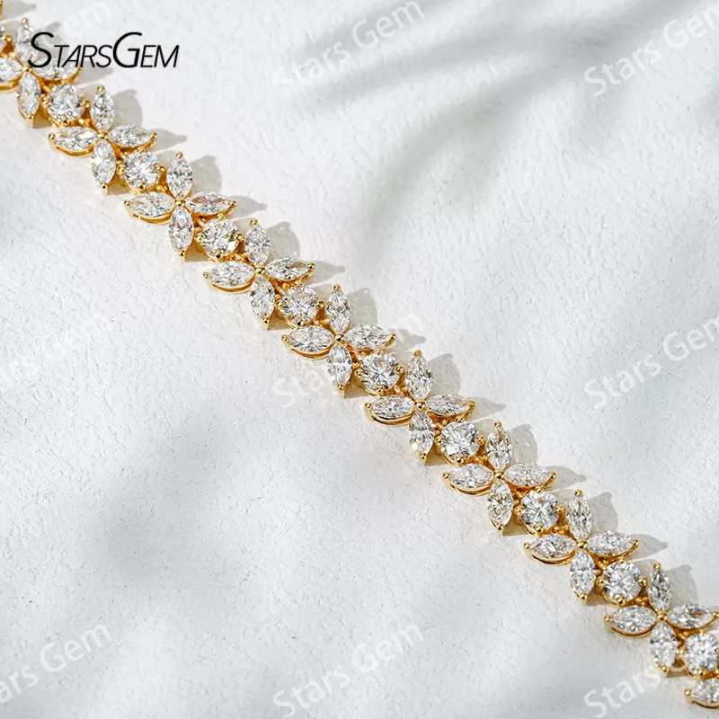 18K Solid Gold with 2*4mm Marquise Cut and 3.2mm Round Cut Lab Diamond Bracelet