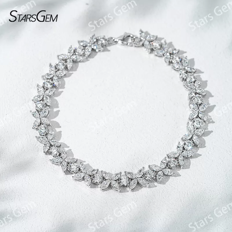 18K Solid Gold with 2*4mm Marquise Cut and 3.2mm Round Cut Lab Diamond Bracelet