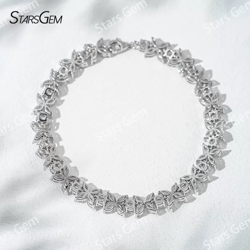 18K Solid Gold with 2*4mm Marquise Cut and 3.2mm Round Cut Lab Diamond Bracelet