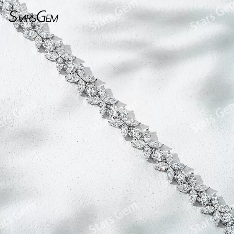 18K Solid Gold with 2*4mm Marquise Cut and 3.2mm Round Cut Lab Diamond Bracelet