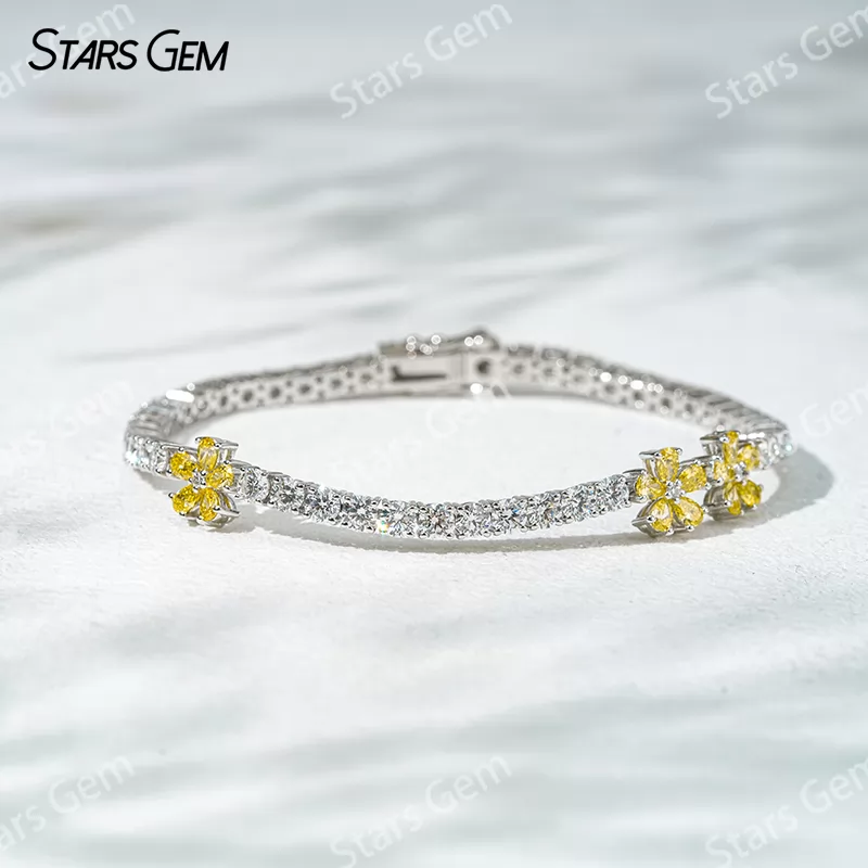 18K White Gold Lab Diamond Tennis Bangles with Flower 2.3x3.5mm Pear Cut Yellow Lab Diamond Bracelets