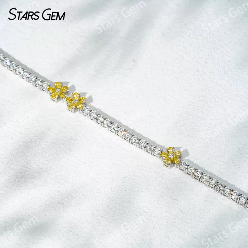 18K White Gold Lab Diamond Tennis Bangles with Flower 2.3x3.5mm Pear Cut Yellow Lab Diamond Bracelets