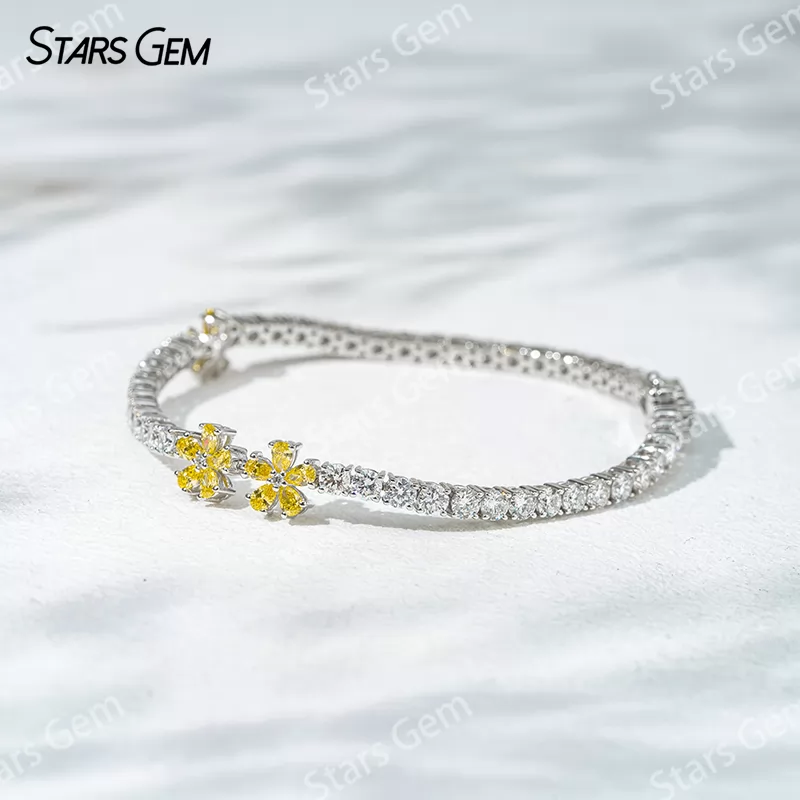 18K White Gold Lab Diamond Tennis Bangles with Flower 2.3x3.5mm Pear Cut Yellow Lab Diamond Bracelets