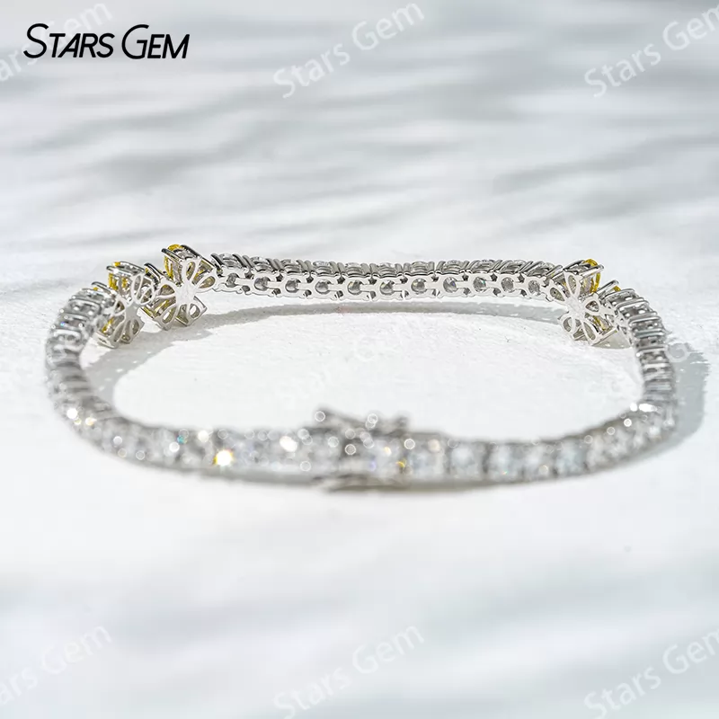 18K White Gold Lab Diamond Tennis Bangles with Flower 2.3x3.5mm Pear Cut Yellow Lab Diamond Bracelets