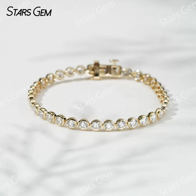 18k Solid Gold Bezel Tennis Bracelet Lab Grown Diamond Tennis Chain Link Bracelets Bangles