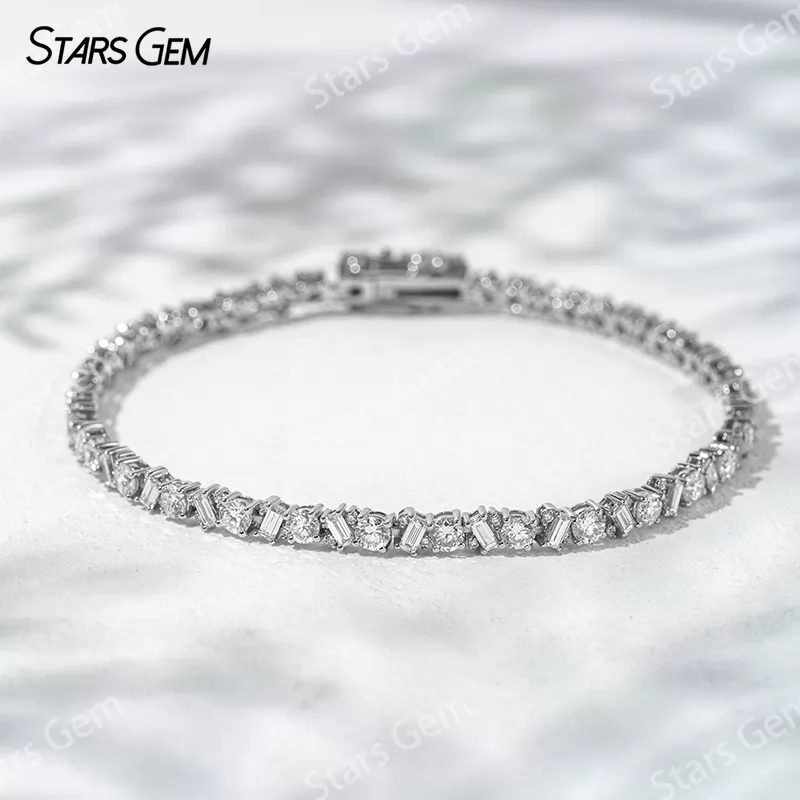 1.5x3mm Baguette Step Cut Lab Diamond and 3.0mm Round Brilliant Cut Lab Grown Diamond 18K Solid Gold Tennis Bracelet