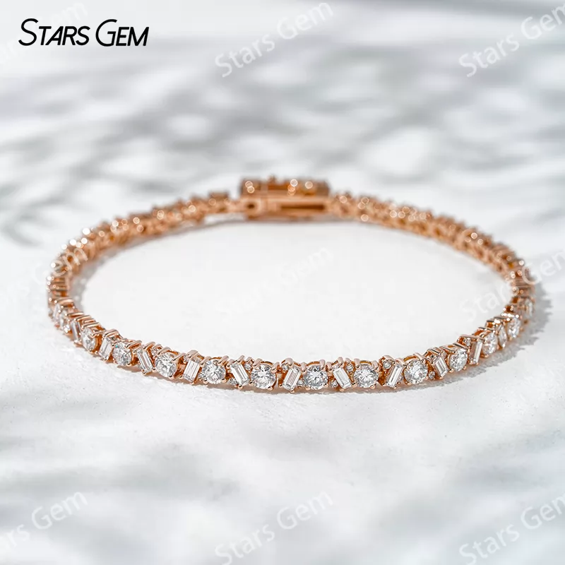 1.5x3mm Baguette Step Cut Lab Diamond and 3.0mm Round Brilliant Cut Lab Grown Diamond 18K Solid Gold Tennis Bracelet