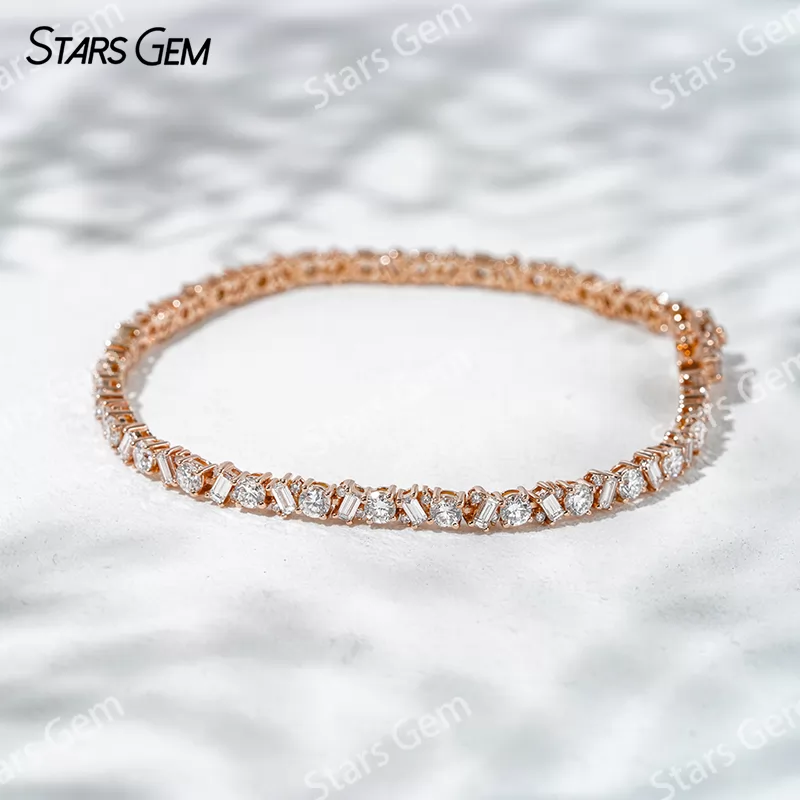 1.5x3mm Baguette Step Cut Lab Diamond and 3.0mm Round Brilliant Cut Lab Grown Diamond 18K Solid Gold Tennis Bracelet