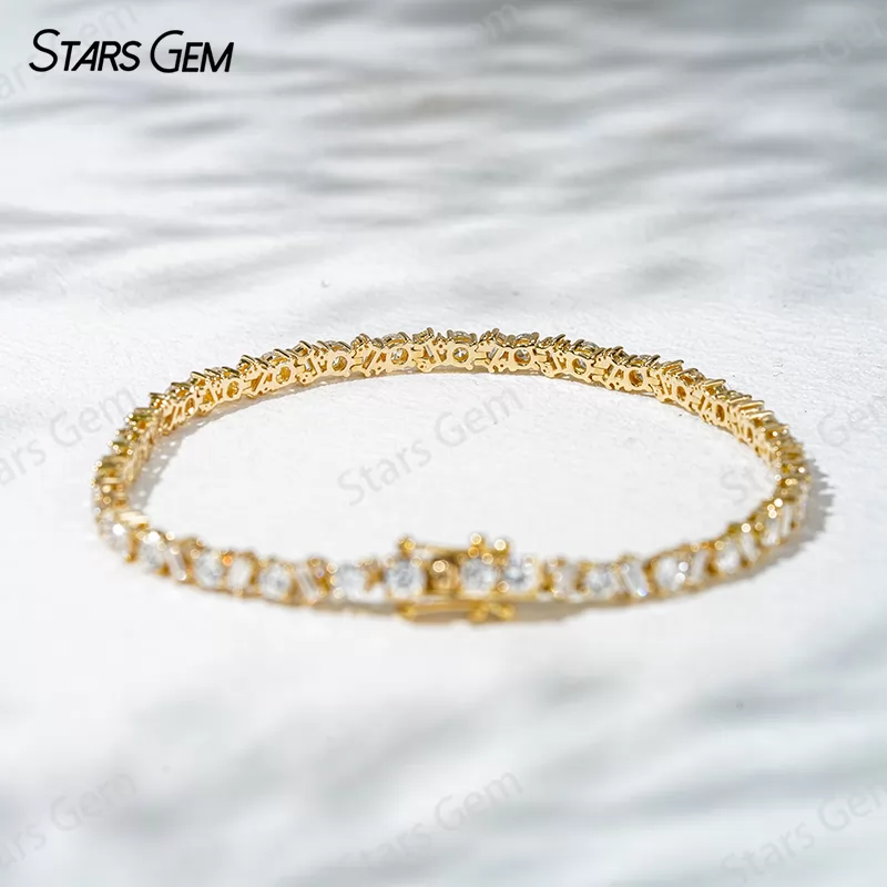 1.5x3mm Baguette Step Cut Lab Diamond and 3.0mm Round Brilliant Cut Lab Grown Diamond 18K Solid Gold Tennis Bracelet