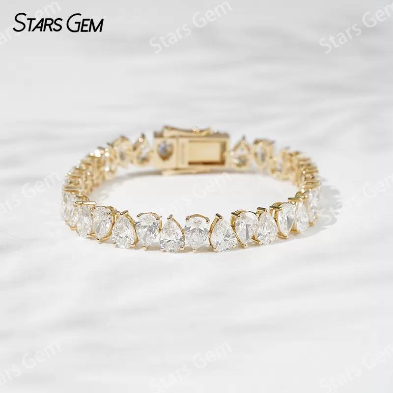 18K Solid Yellow Gold Tennis Bracelet 5x7mm Pear Cut Lab Grown Diamond Bracelet