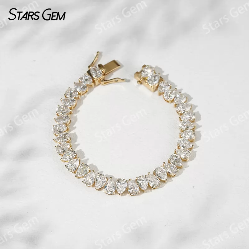 18K Solid Yellow Gold Tennis Bracelet 5x7mm Pear Cut Lab Grown Diamond Bracelet