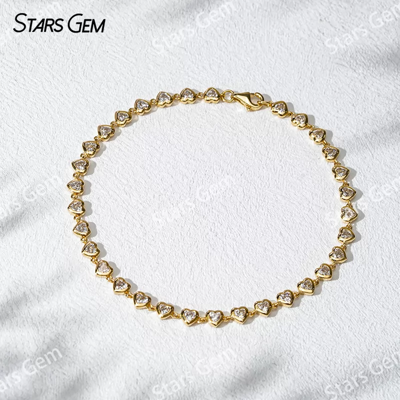 18K Gold Bezel Set Heart Cut Lab Grown Diamond Chain Link Bangles Tennis Bracelet