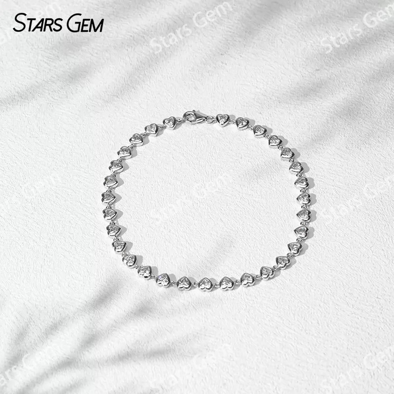 18K Gold Bezel Set Heart Cut Lab Grown Diamond Chain Link Bangles Tennis Bracelet