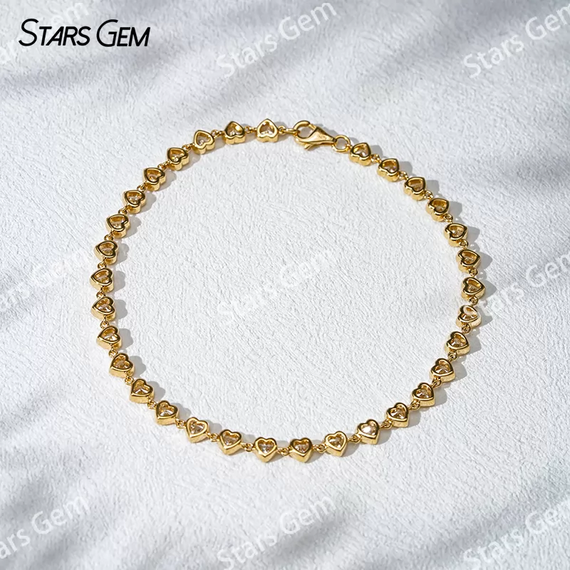 18K Gold Bezel Set Heart Cut Lab Grown Diamond Chain Link Bangles Tennis Bracelet