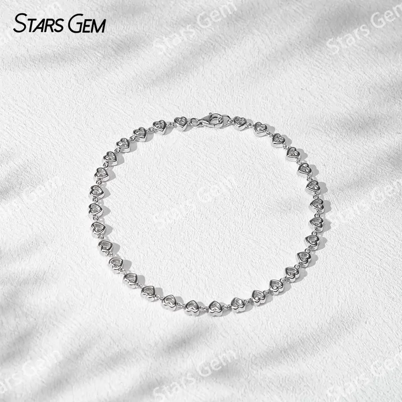 18K Gold Bezel Set Heart Cut Lab Grown Diamond Chain Link Bangles Tennis Bracelet