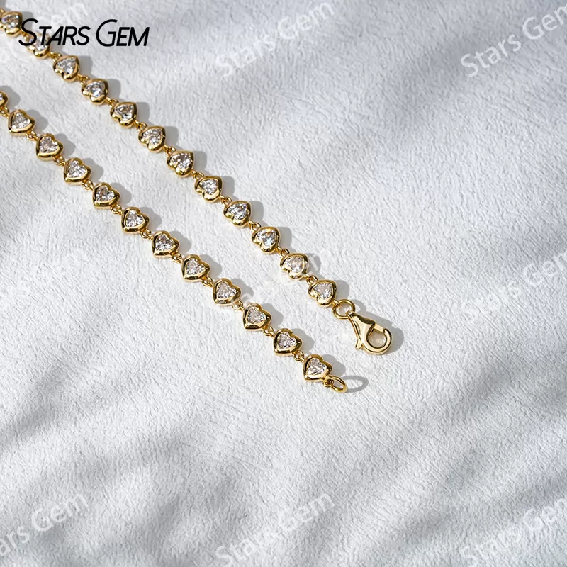 18K Gold Bezel Set Heart Cut Lab Grown Diamond Chain Link Bangles Tennis Bracelet