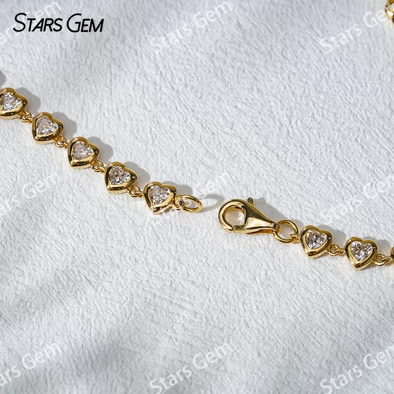 18K Gold Bezel Set Heart Cut Lab Grown Diamond Chain Link Bangles Tennis Bracelet