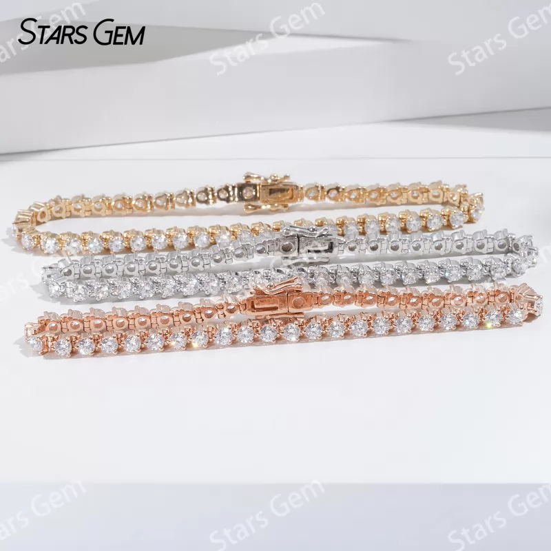14K Solid Gold 2.8mm Round Brilliant Cut Lab Grown Diamond Chain Link Bangles Tennis Bracelet