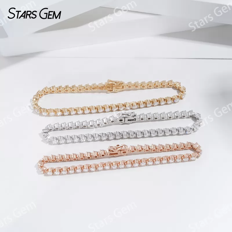 14K Solid Gold 2.8mm Round Brilliant Cut Lab Grown Diamond Chain Link Bangles Tennis Bracelet