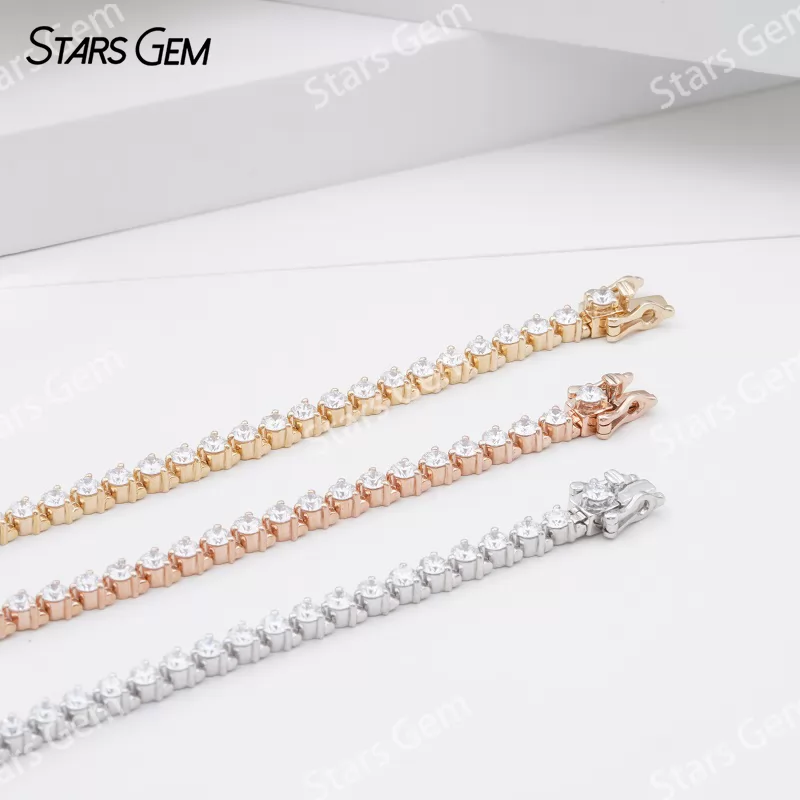 14K Solid Gold 2.8mm Round Brilliant Cut Lab Grown Diamond Chain Link Bangles Tennis Bracelet
